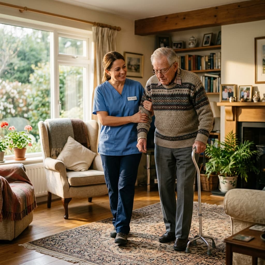 Caregiver helping senior man walk