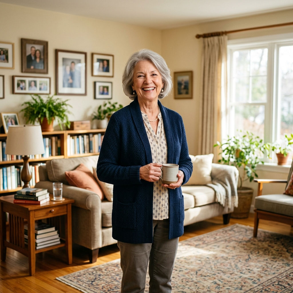 Senior woman smiling at home