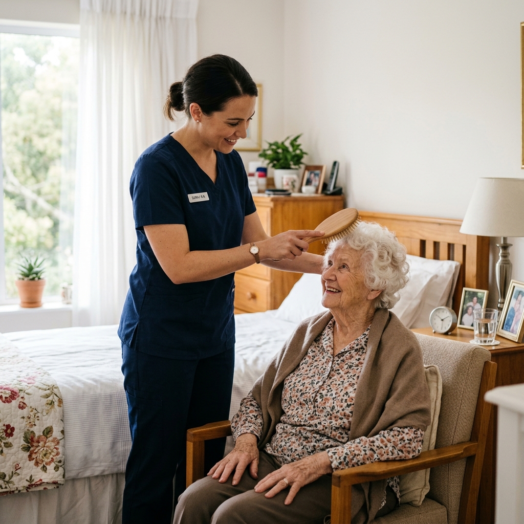 Caregiver assisting senior with daily activity