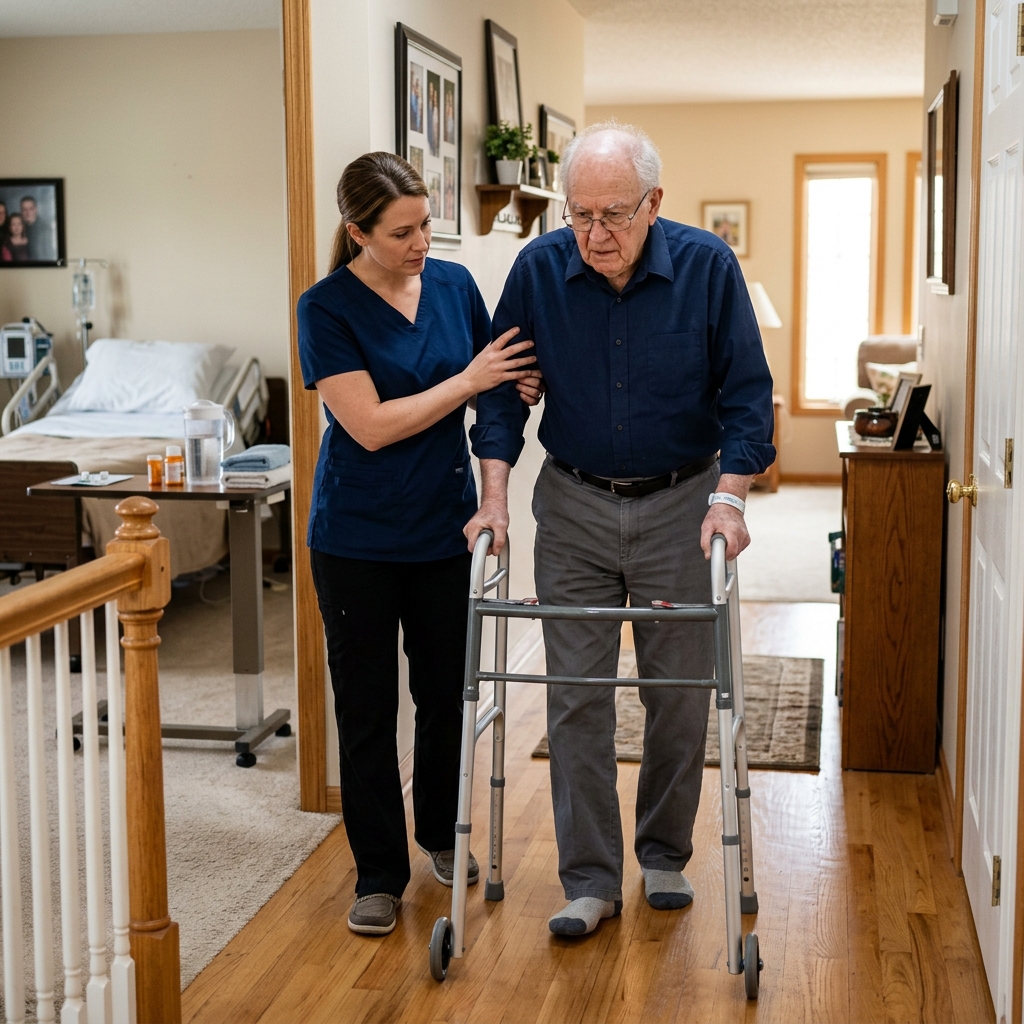Caregiver assisting senior with mobility at home
